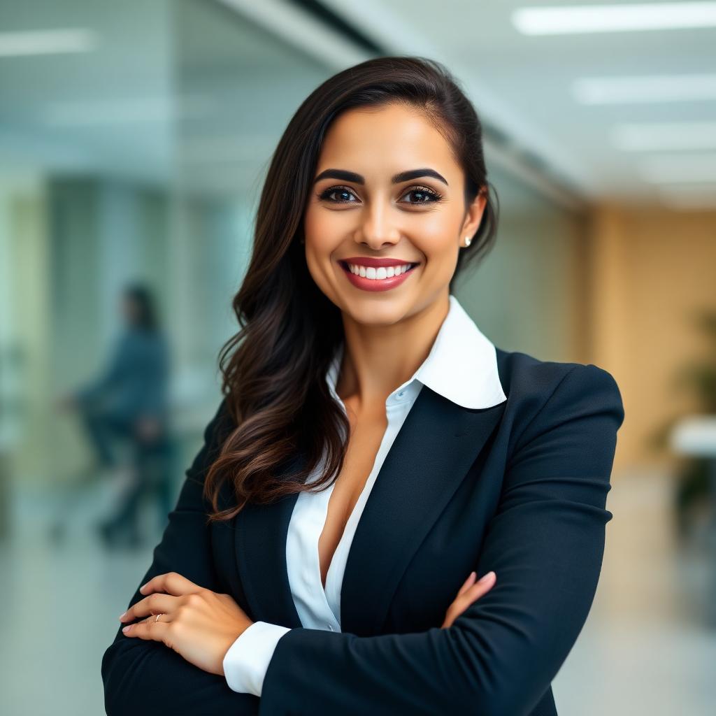 Consultora do Consórcio Canopus sorrindo em ambiente corporativo